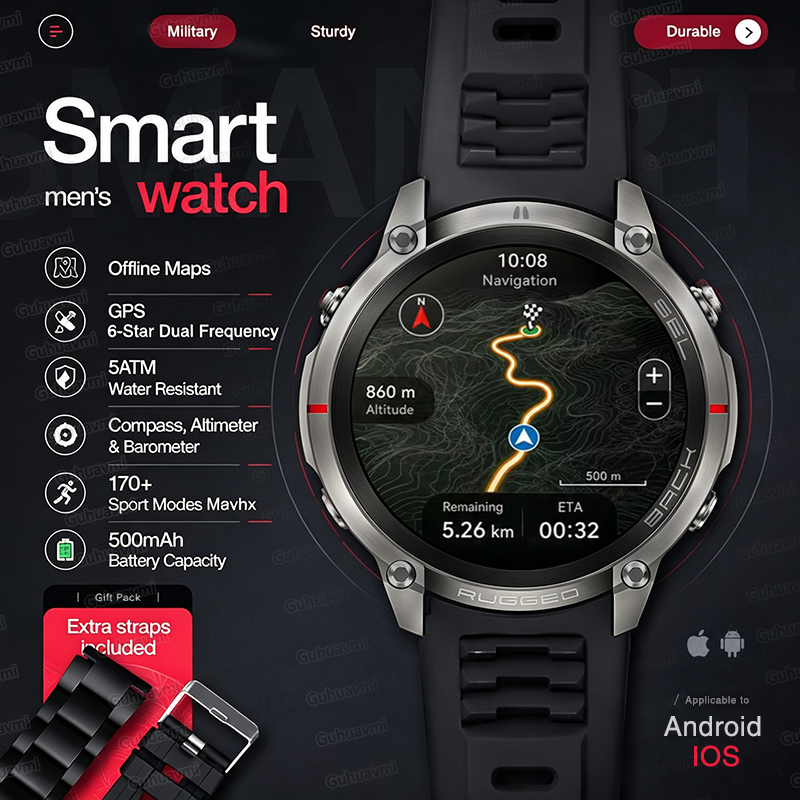 Smartwatch Rugged Watches For Men - NOVO Relógio Inteligente Militar Robusto com